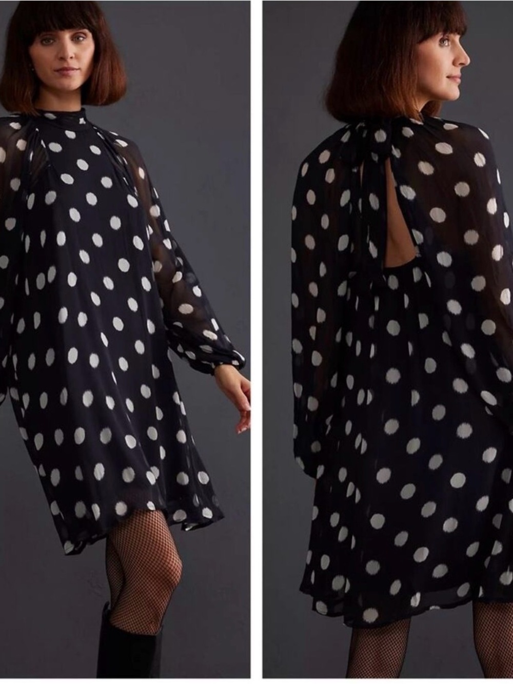 Black & White Polka Dot Long Sleeve Tie-Back Shift Dress